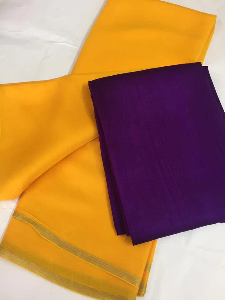 Pure silk chiffon saree with pure raw silk blouse - yellow & Purple